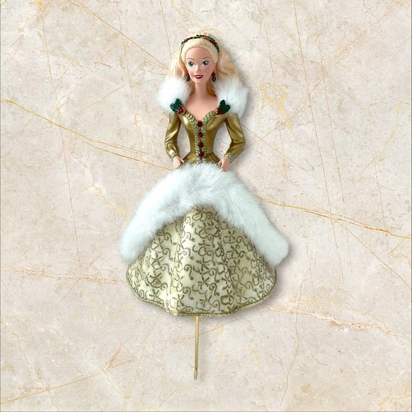 Vintage Hallmark Happy Holidays Barbie 1995 Stocking Hanger 8”🎄 Gold Dress - Picture 4 of 5